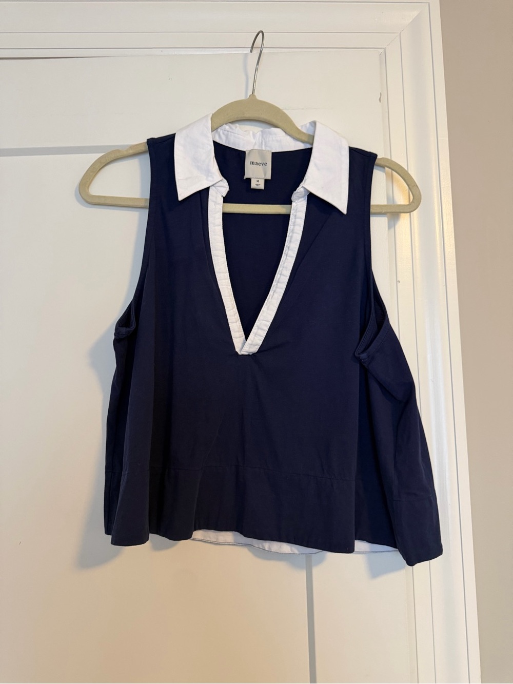 Maeve Navy Sleeveless V-Neck Top with White Collar